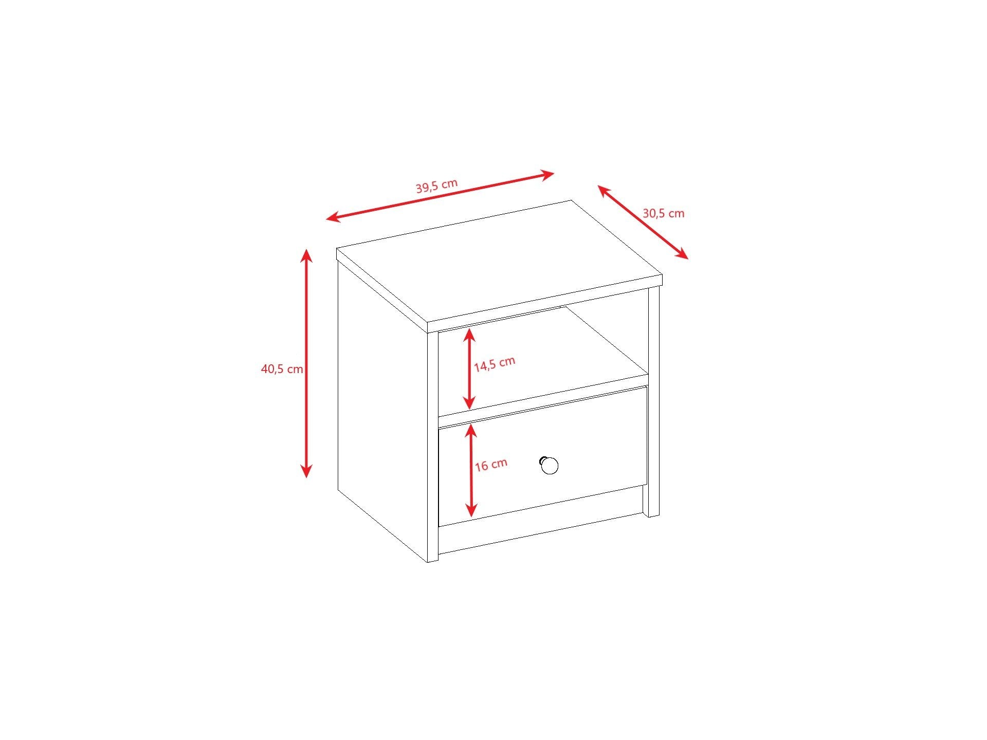 6. Size chart for Babydreams bedside table showing dimensions in centimeters