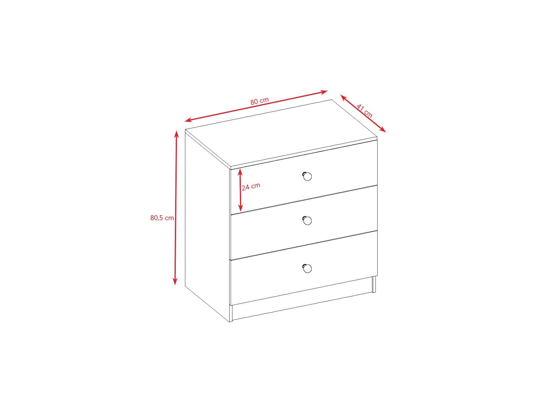 6. Size chart for Babydreams chest of drawers showing dimensions in centimeters