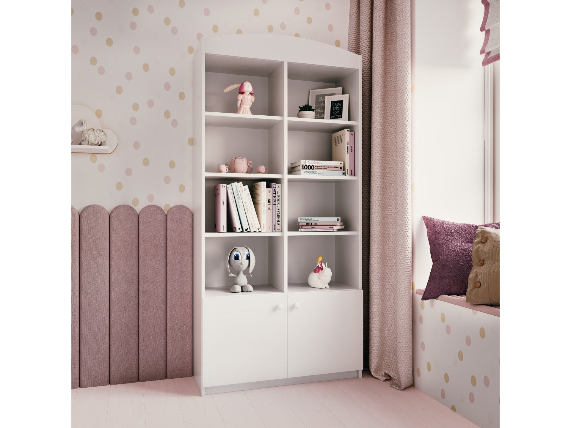1. White Babydreams double shelf in a child's room with toys and books