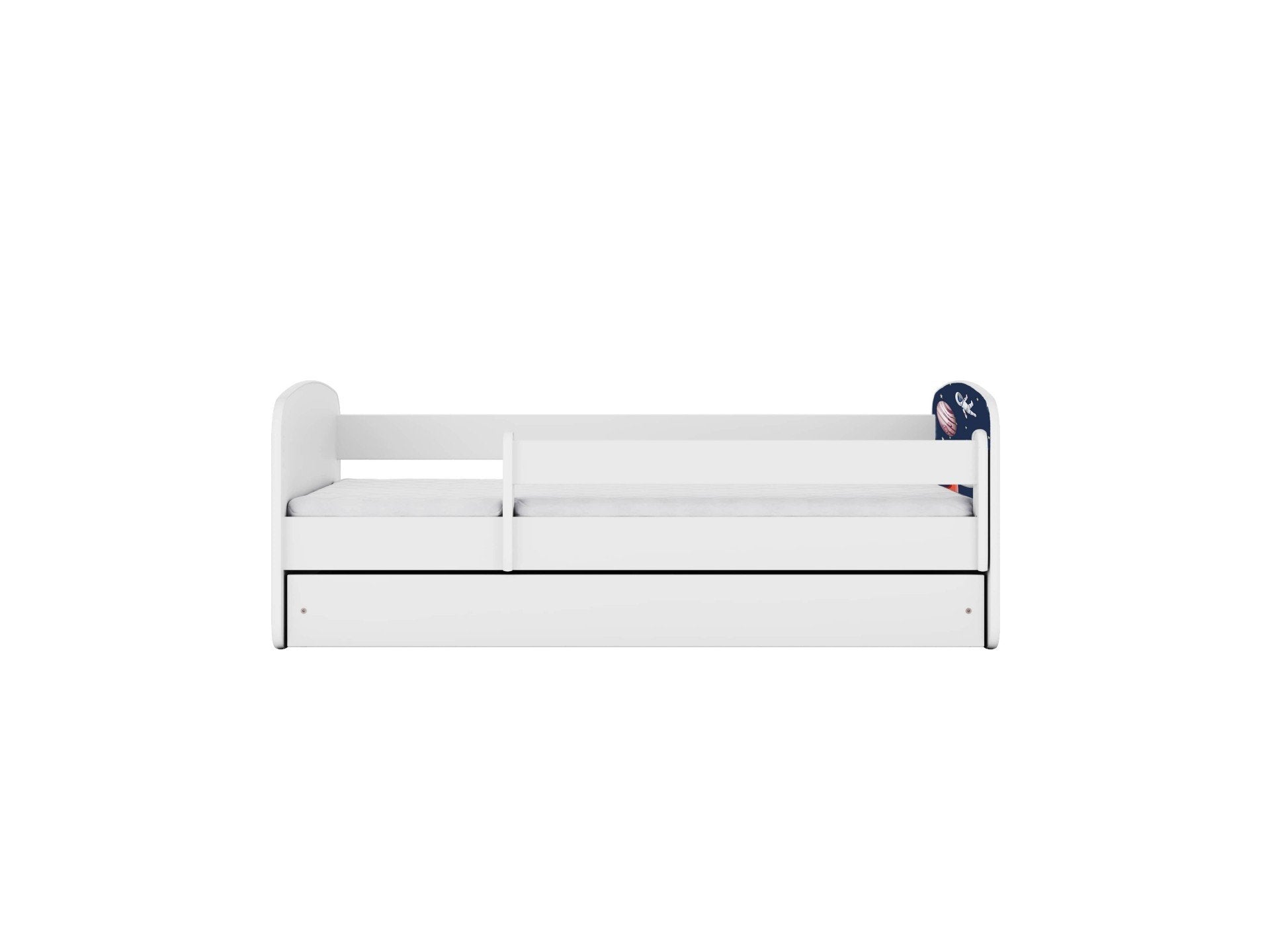2. White children's bed with safety guardrail, shown from side in studio setting