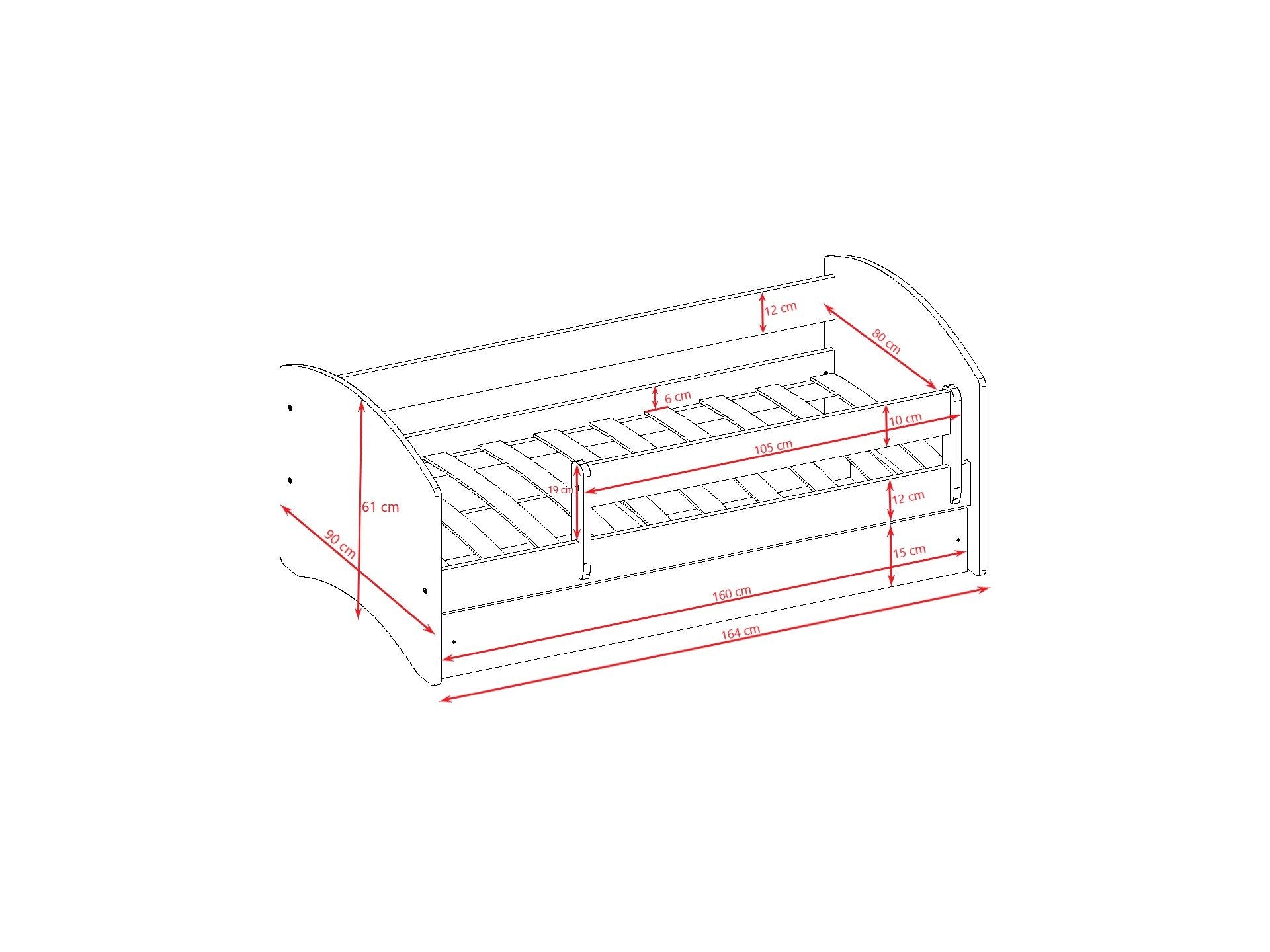 5. Size chart for children's bed showing dimensions and guardrail placement
