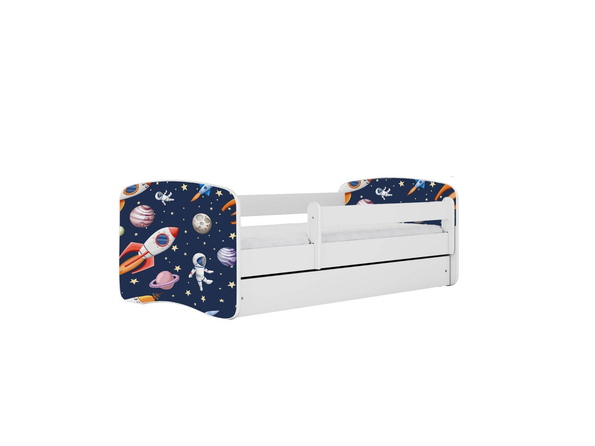 1. Children's bed with cosmos theme, featuring space graphics on headboard and footboard, white frame, and safety guardrail