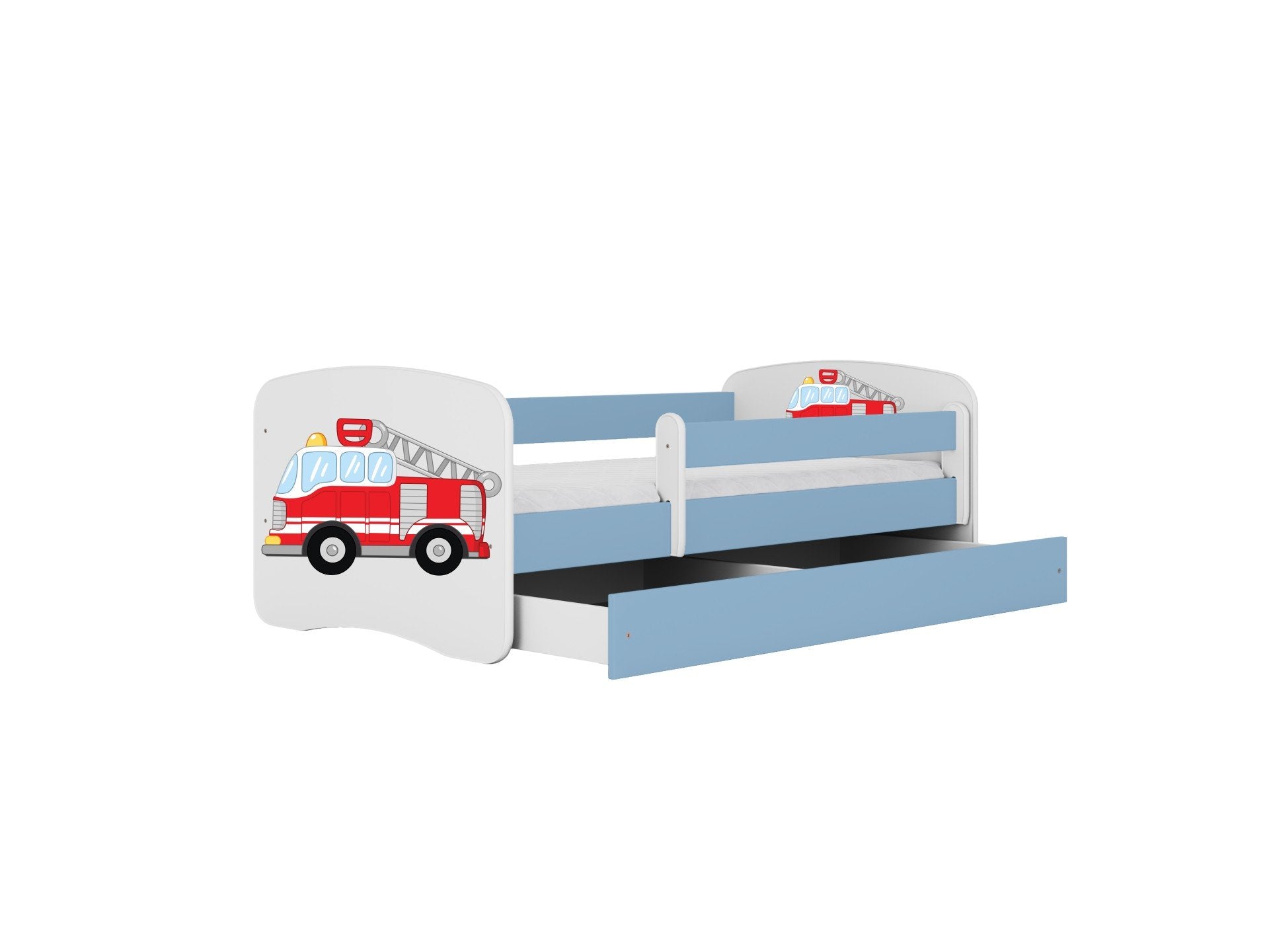 6. Blue and white children's bed with fire truck design and open drawer, studio setting