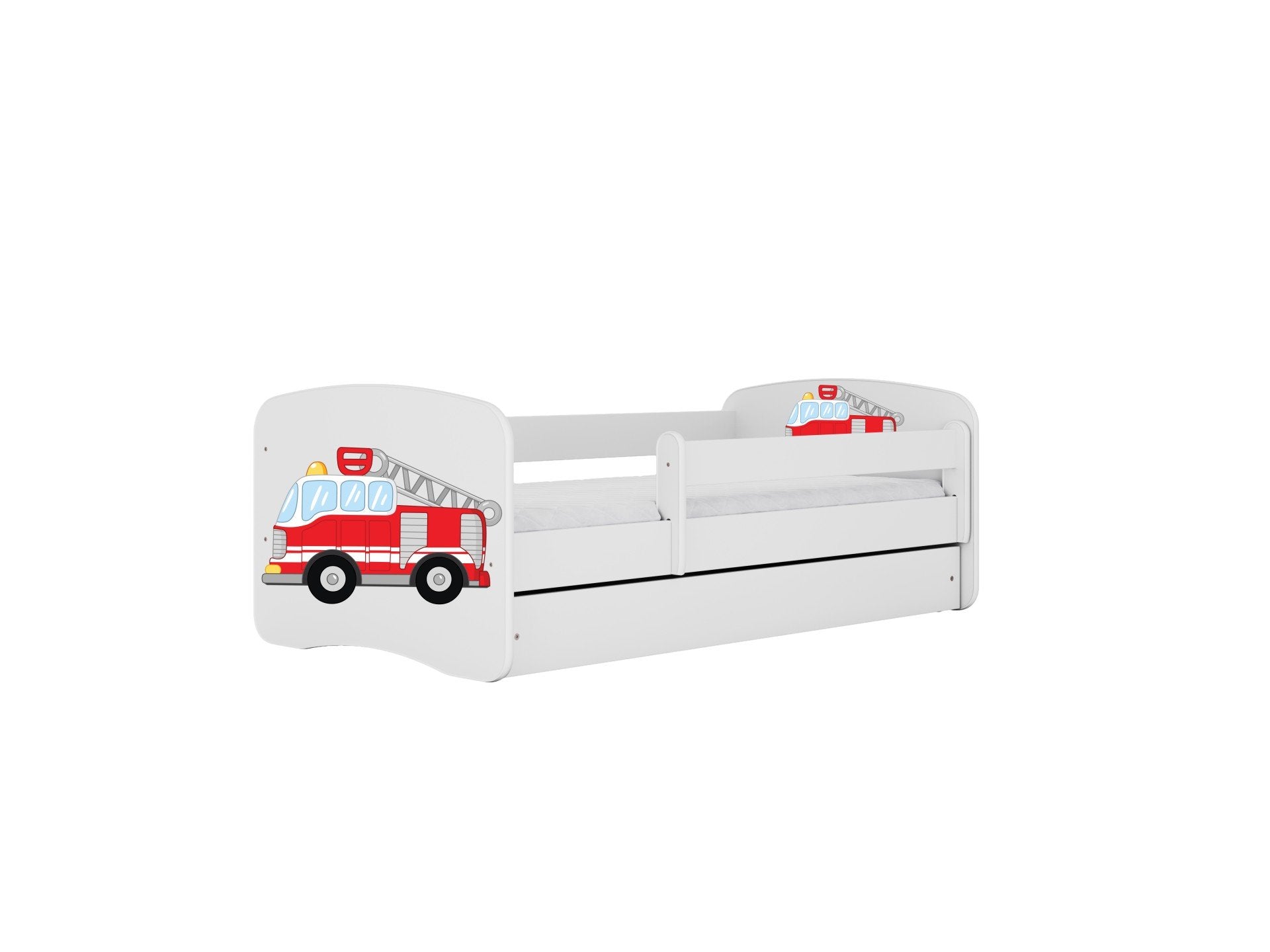 1. White children's bed with fire truck design and guardrail, shown in a modern bedroom setting with star-patterned rug