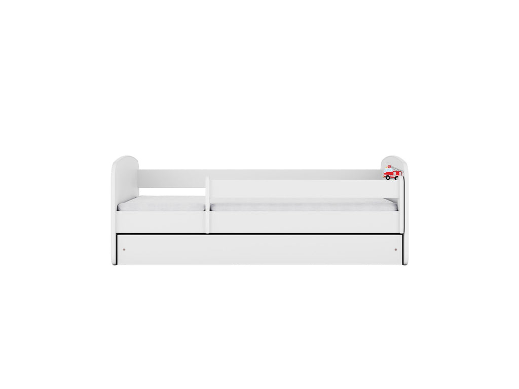 3. Front view of white children's bed with fire truck design, guardrail, and closed drawer