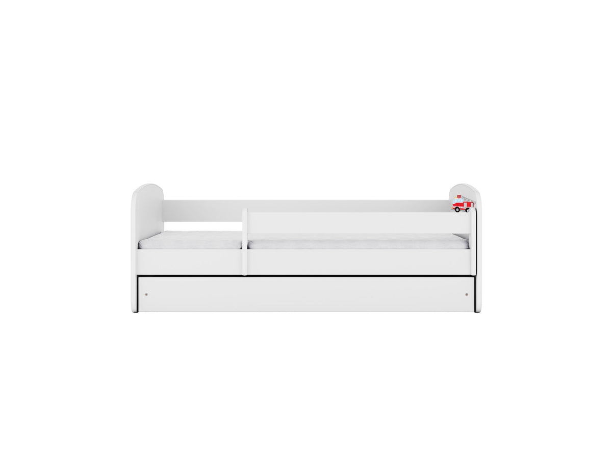 3. Front view of white children's bed with fire truck design, guardrail, and closed drawer