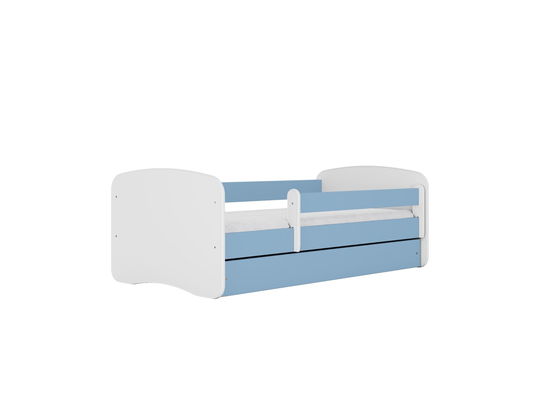 2. Blue and white children's bed with guardrail and storage drawer, shown in a studio setting