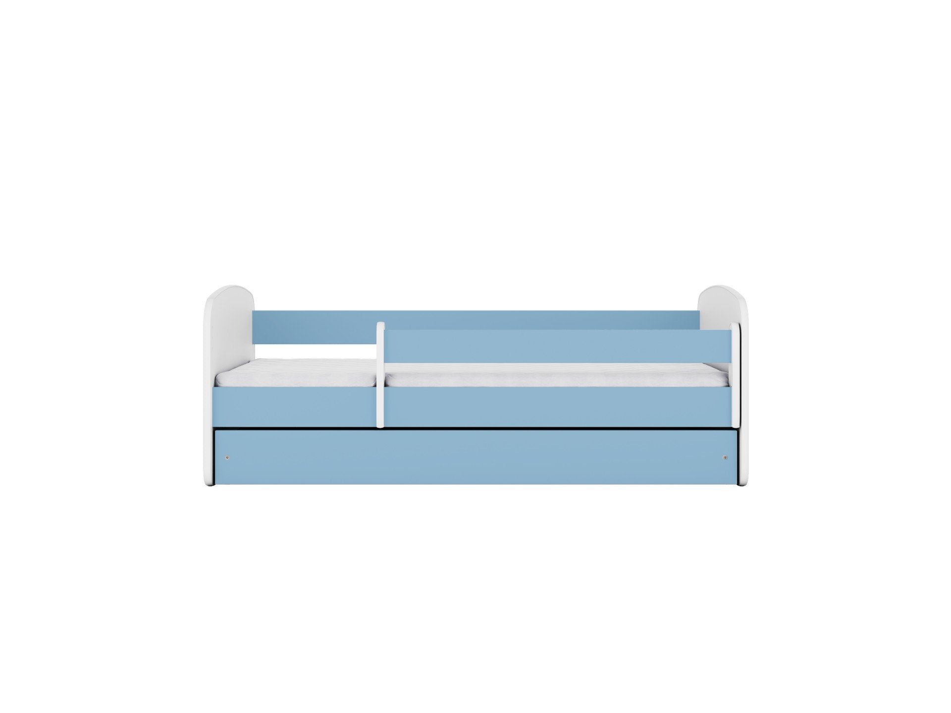 2. Front view of blue and white children's bed with guardrail, shown in a studio setting