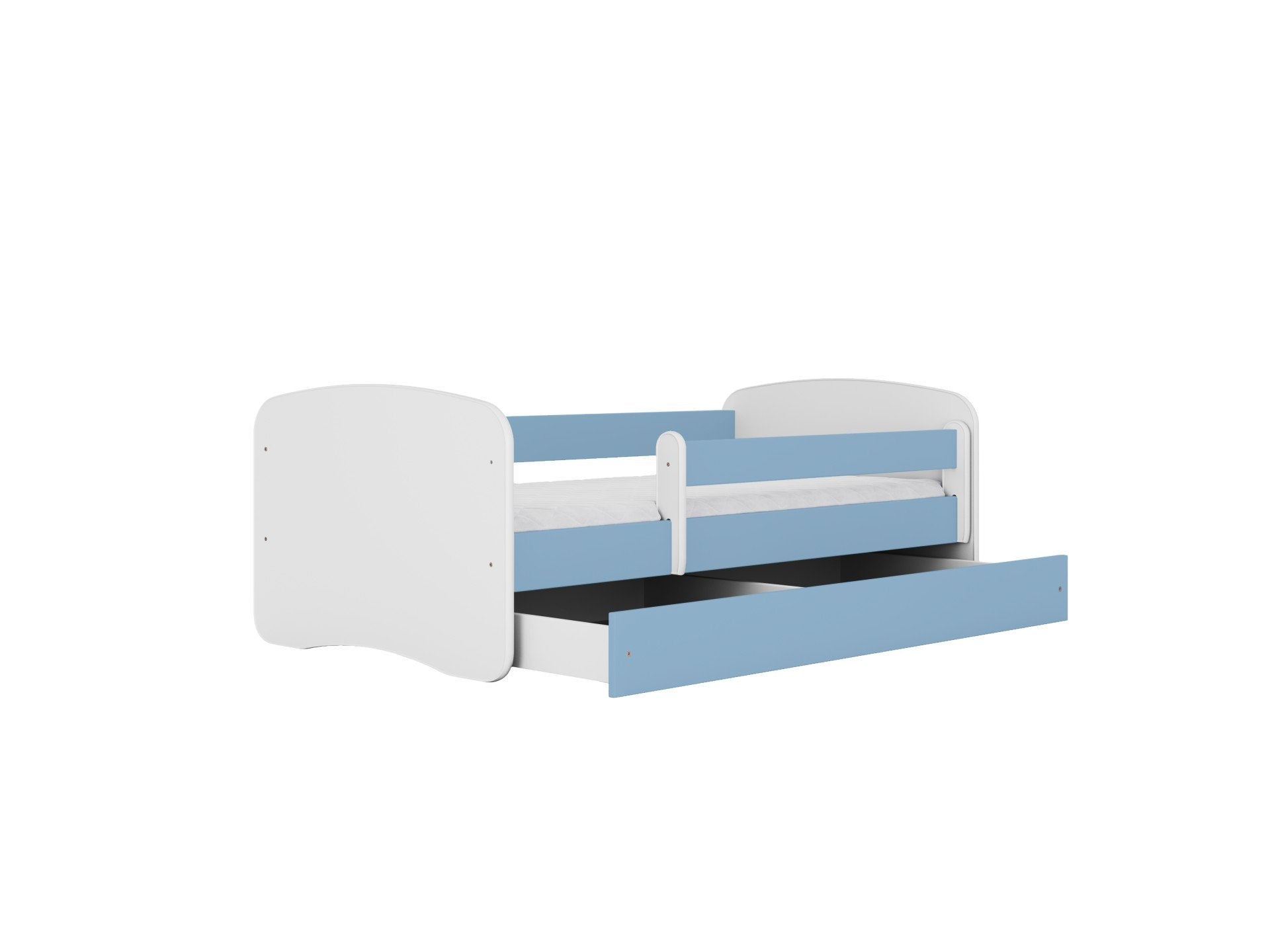 2. Blue and white children's bed with open storage drawer, shown in a studio setting