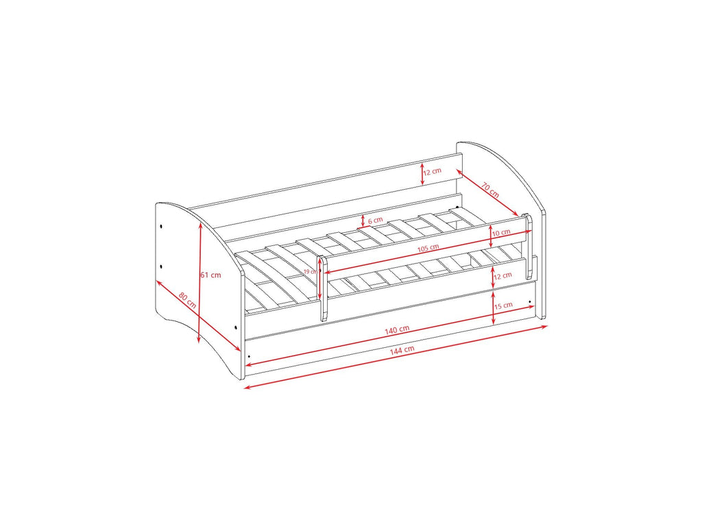 5. Size chart for children's bed showing dimensions and guardrail placement