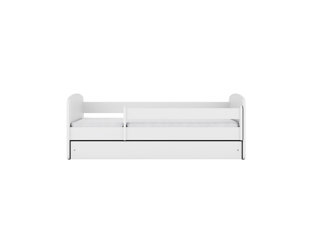 2. Front view of white children's bed with guardrail and storage drawer, shown in a studio setting