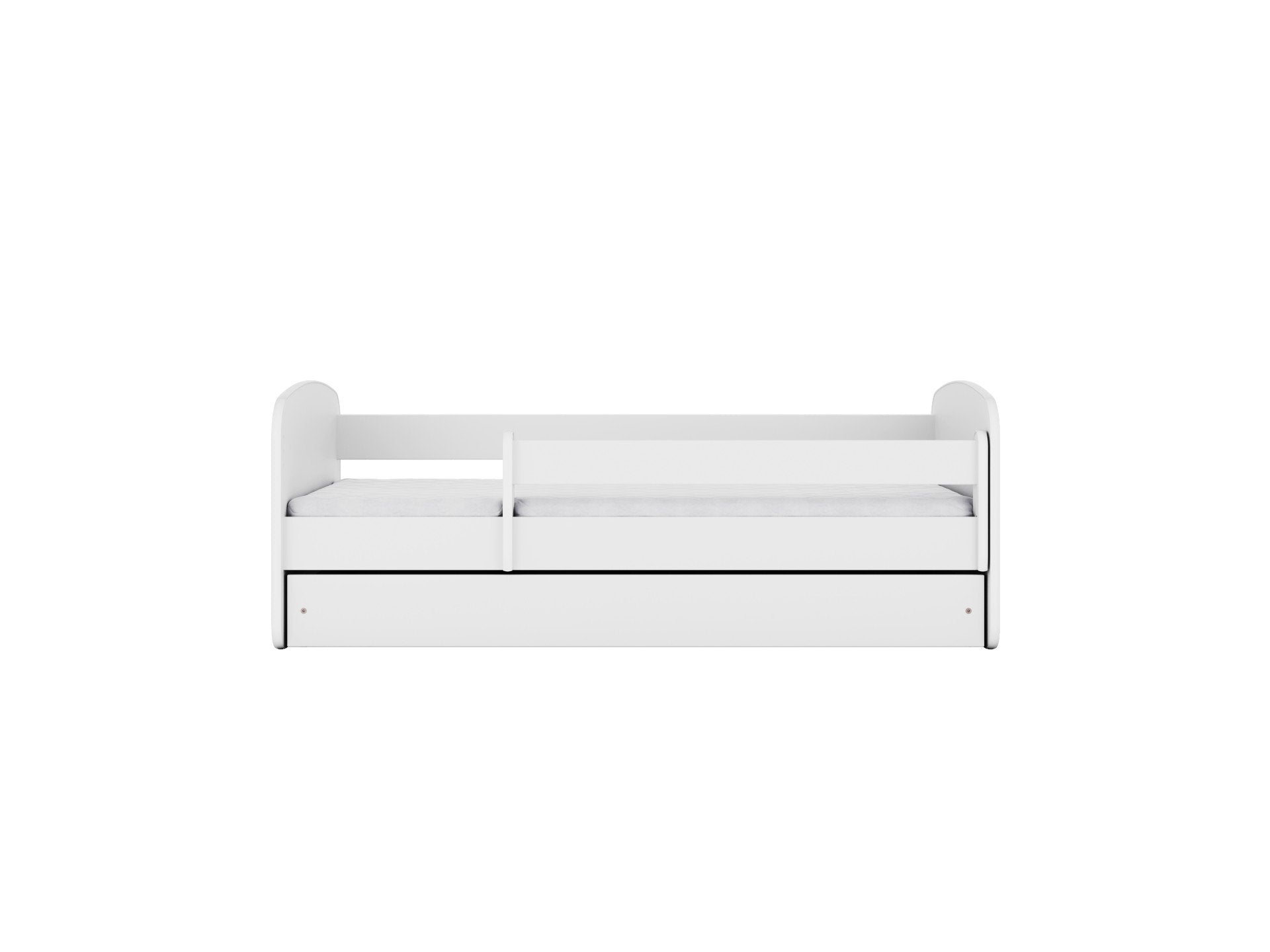 2. Front view of white children's bed with guardrail and storage drawer, shown in a studio setting