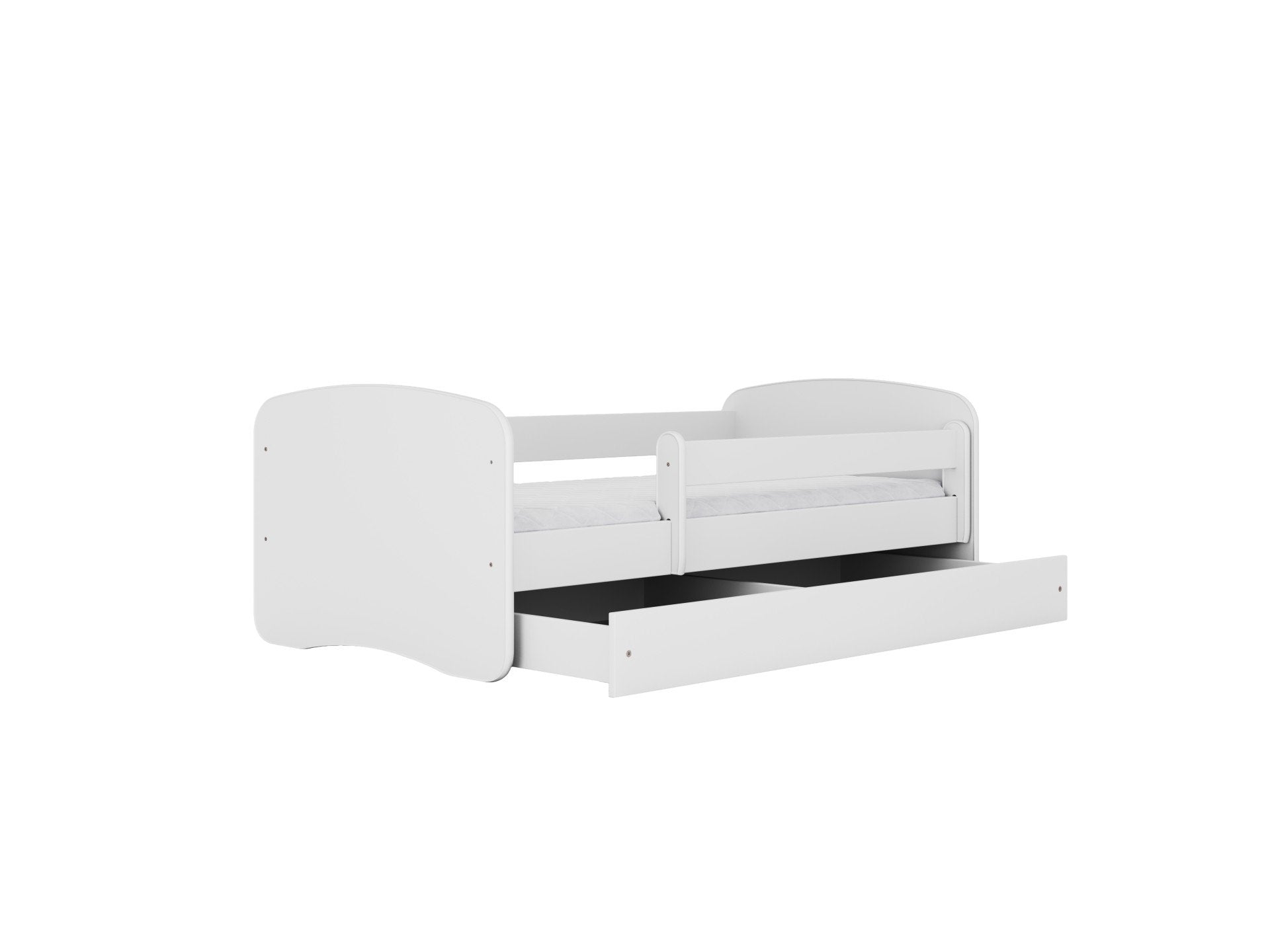 2. White children's bed with open storage drawer, shown in a studio setting