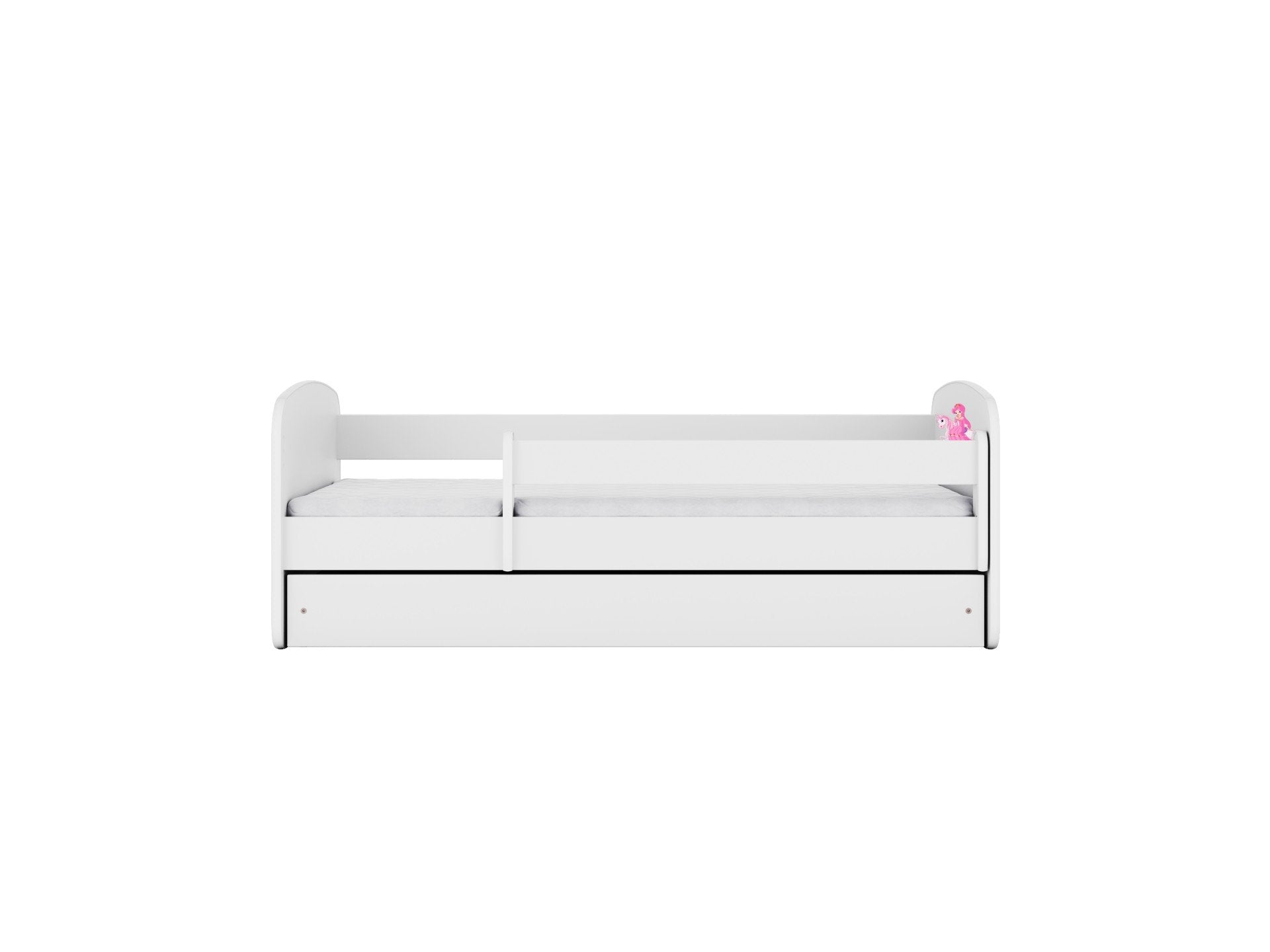 2. Front view of white children's bed with guardrail and princess sticker, highlighting minimalist design in studio setting.