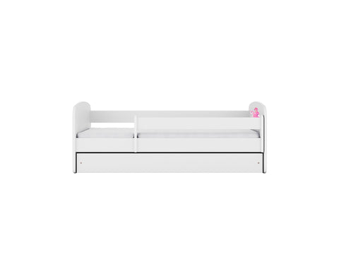 2. Front view of white children's bed with guardrail and princess sticker, highlighting minimalist design in studio setting.
