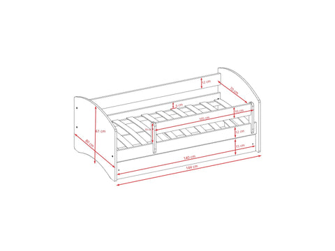5. Size chart for Babydreams children's bed showing dimensions and guardrail placement in centimeters.