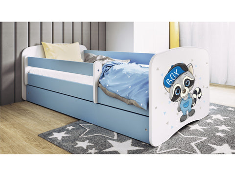 1. Blue and white children's bed with raccoon design, shown in a cozy bedroom with star-patterned rug and pillows.