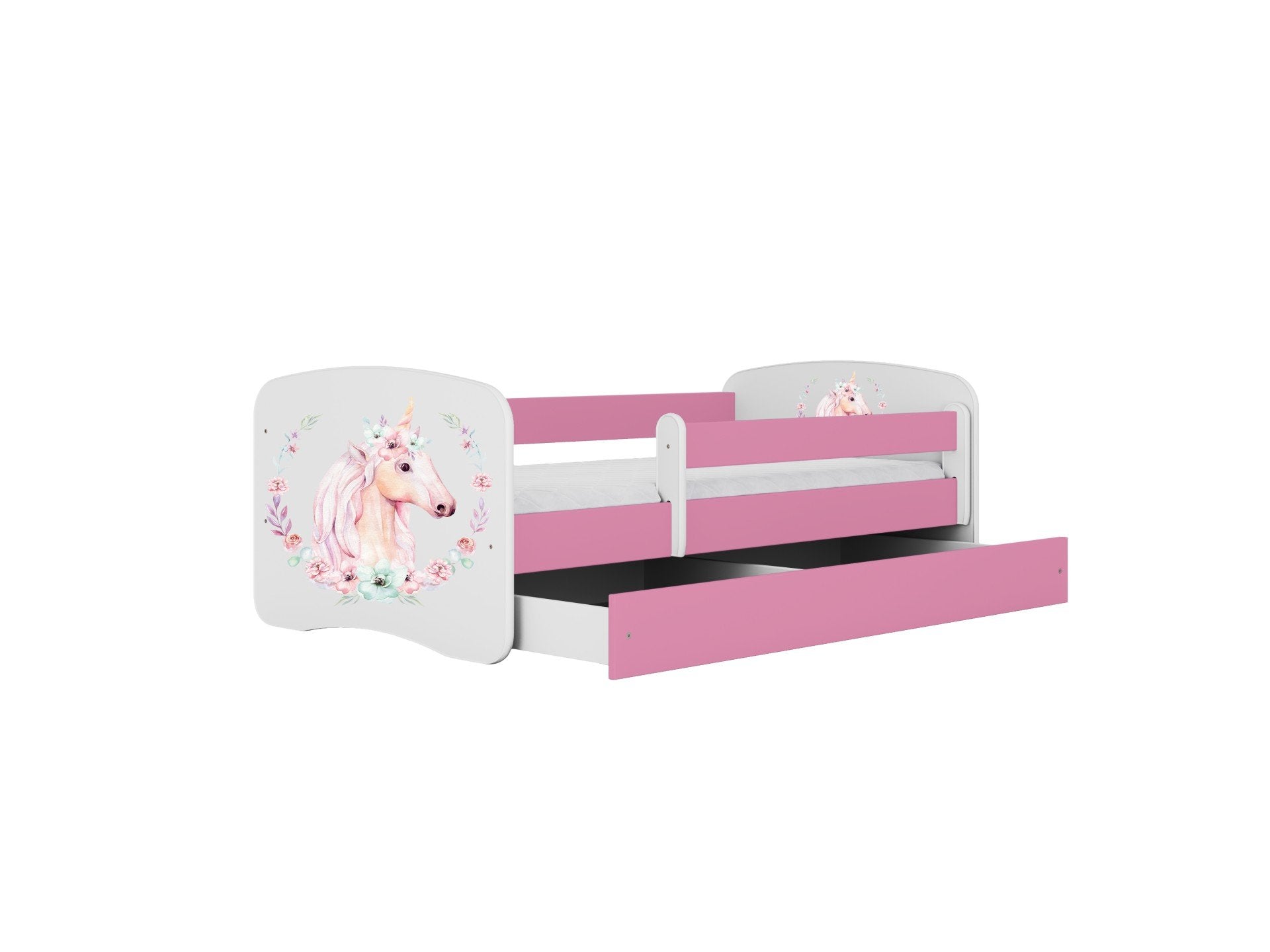 5. Pink and white children's bed with unicorn design, shown with open drawer for storage