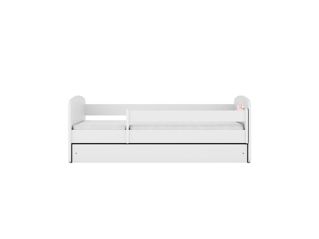 2. Front view of white children's bed with guardrail, showcasing simple design and safety features