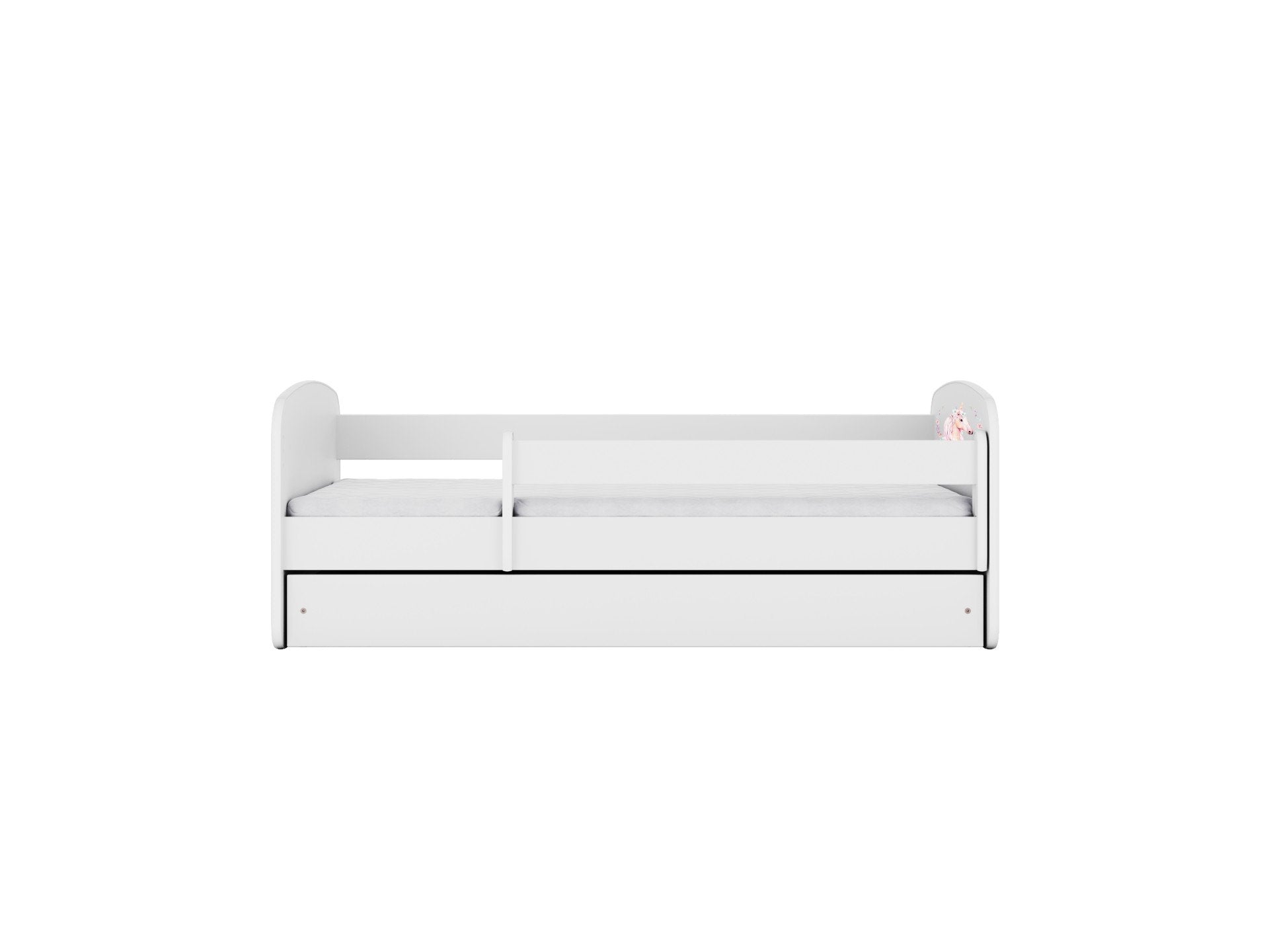 2. Front view of white children's bed with guardrail, showcasing simple design and safety features