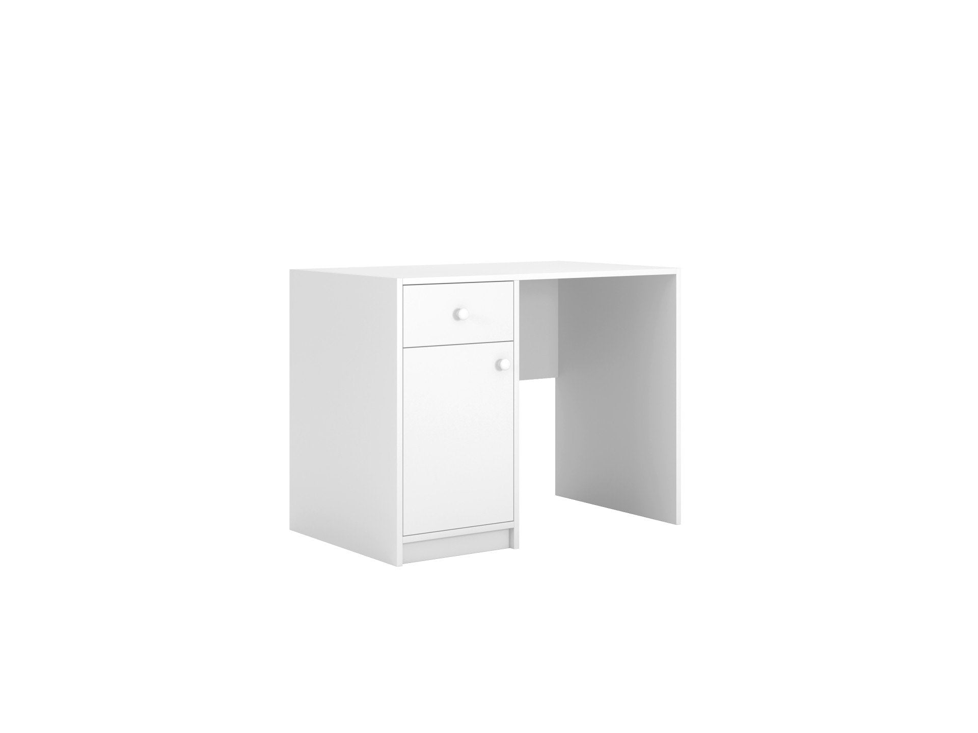4. Side view of white Babydreams desk with drawer and cabinet, studio background