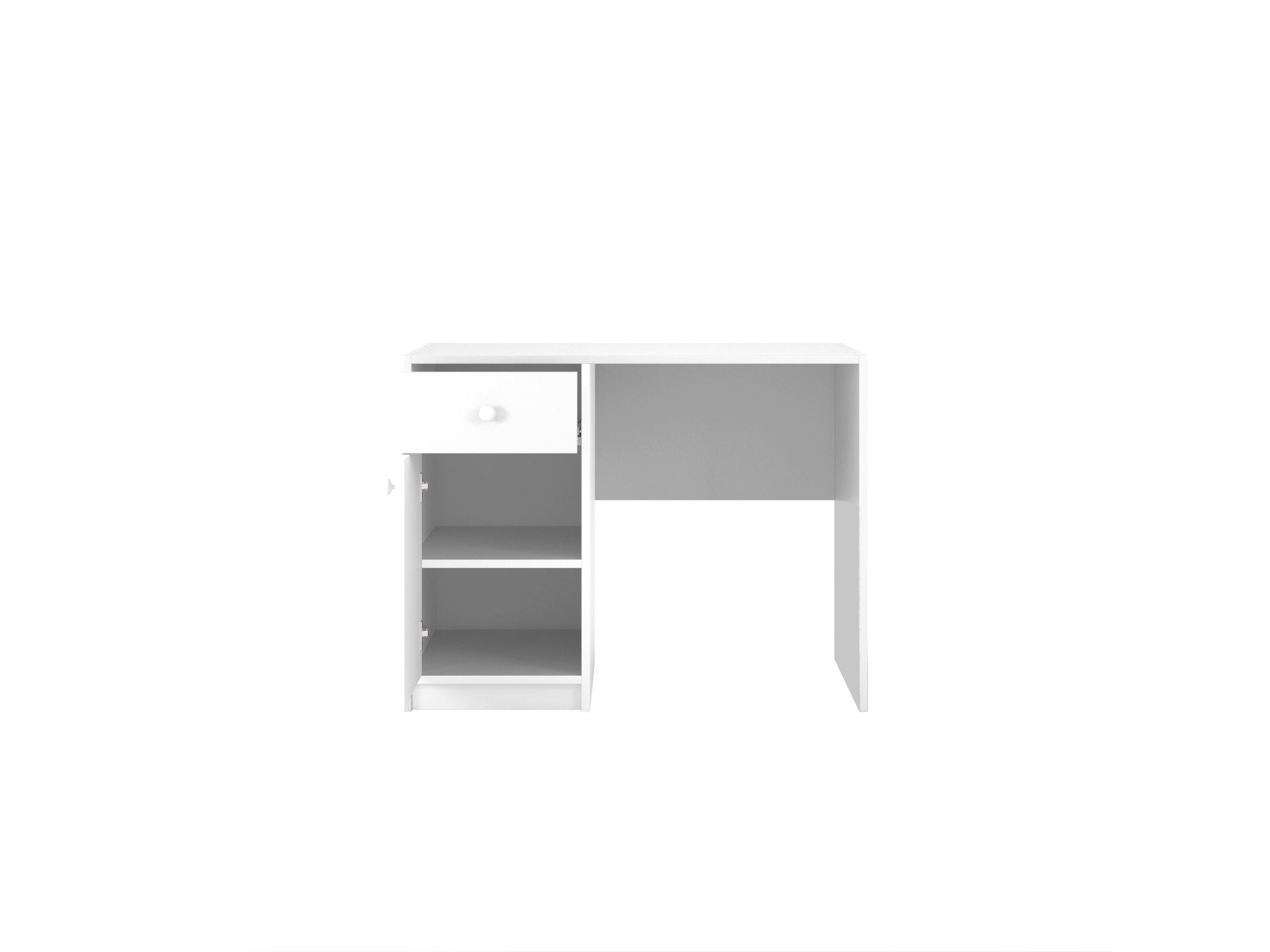 2. White Babydreams desk with open drawer and cabinet, showing interior shelves