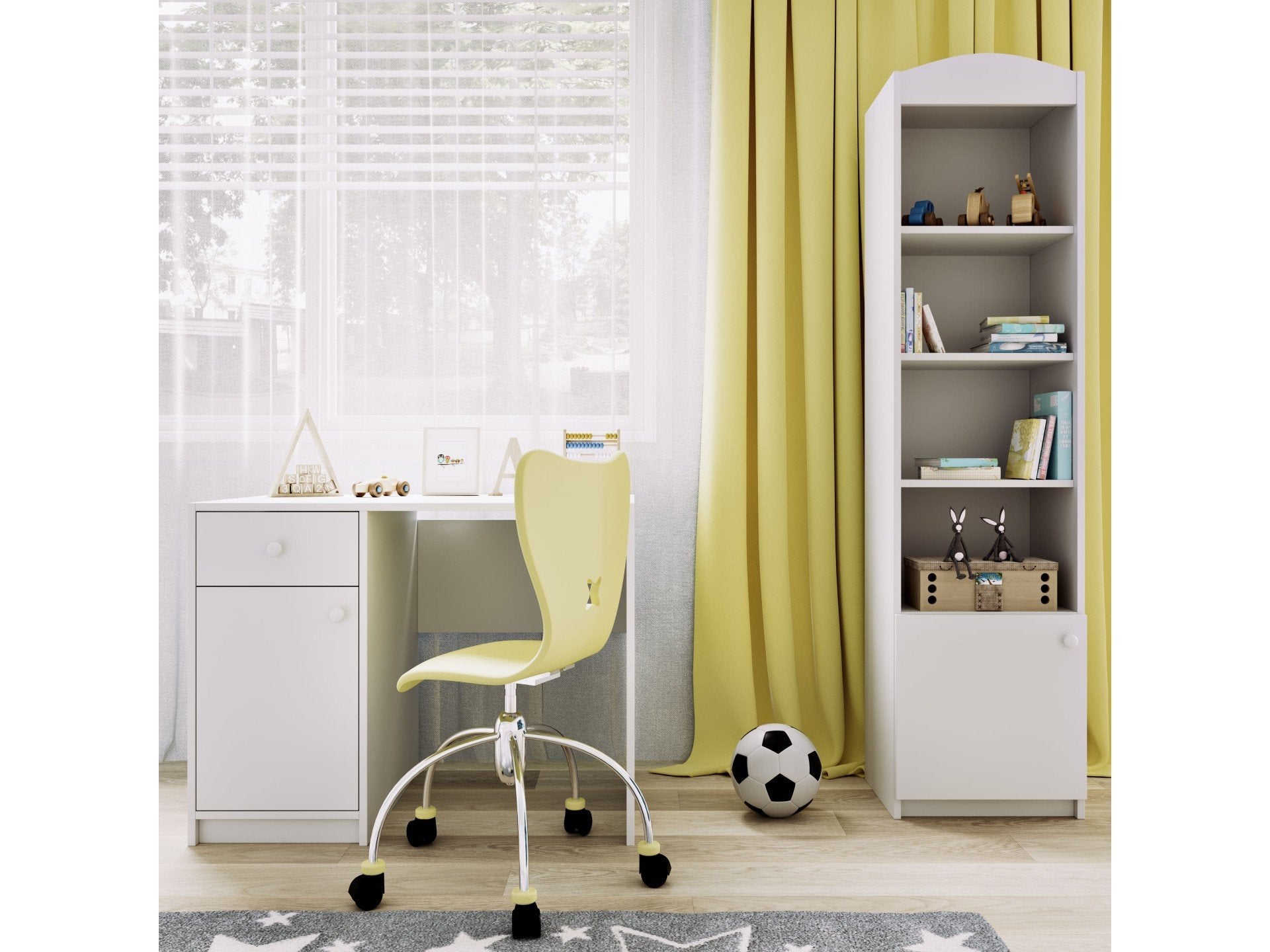 8. Babydreams single shelf in a child's room with yellow curtains, next to a desk and chair, featuring books and toys
