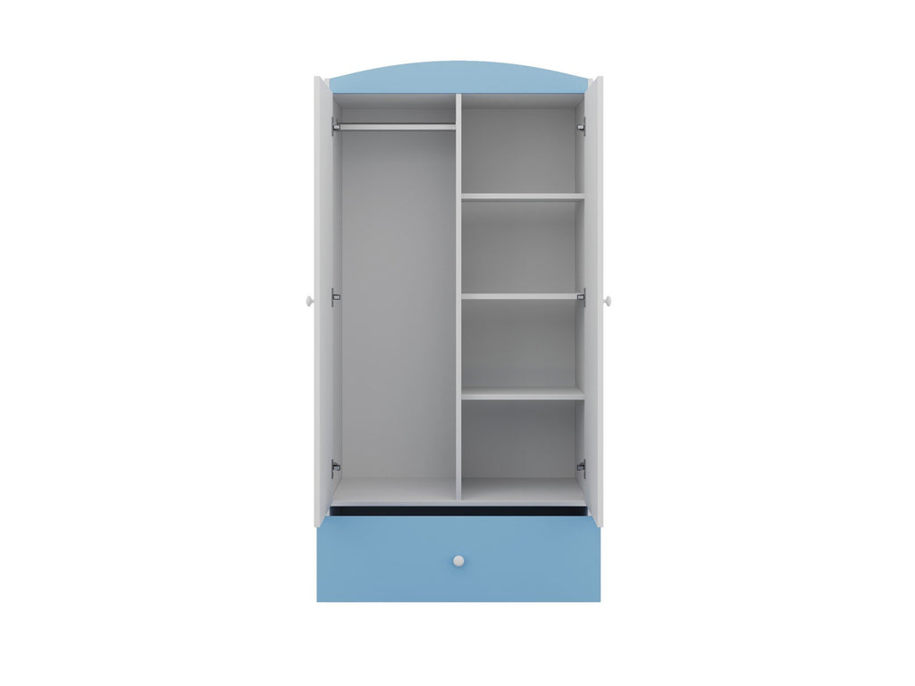 8. Interior of white and blue Babydreams wardrobe showing hanging rail and shelves