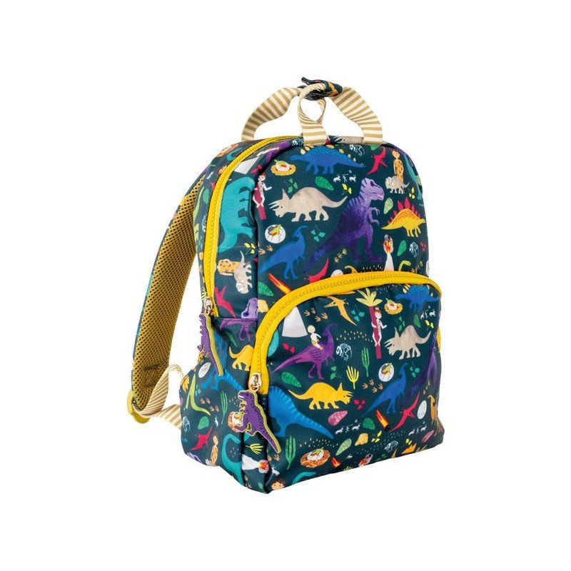 1. Front view of children's dinosaur backpack with colorful dinosaur print, yellow zippers, and dinosaur-shaped key rings