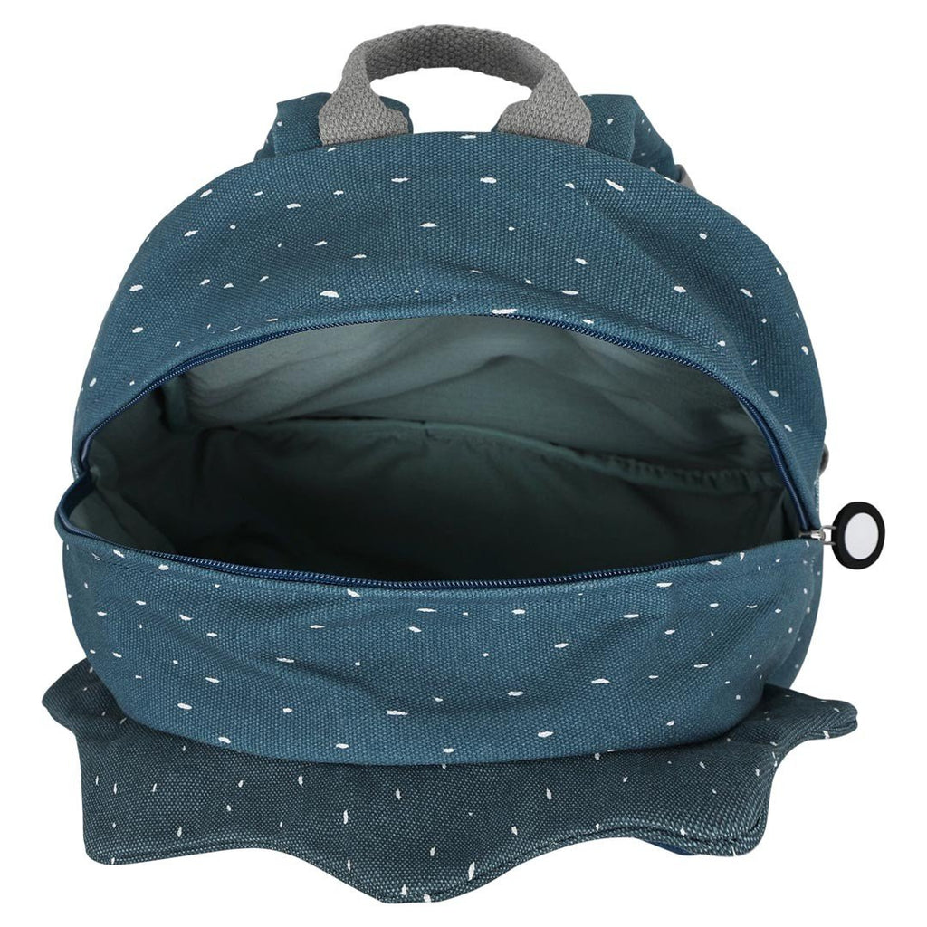 3. Open main compartment of blue Mr. Triceratops backpack showing spacious interior