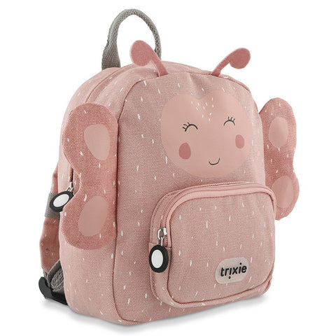3. Side view of pink butterfly-themed children's backpack with smiling face and Trixie logo