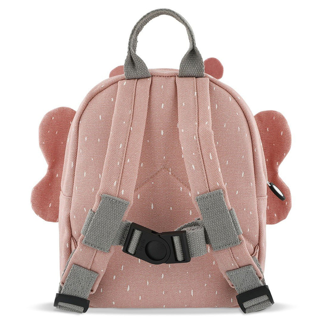 2. Back view of pink children's backpack with adjustable grey shoulder straps and chest strap