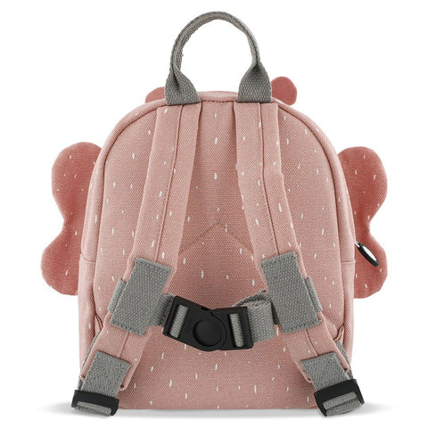 2. Back view of pink children's backpack with adjustable grey shoulder straps and chest strap