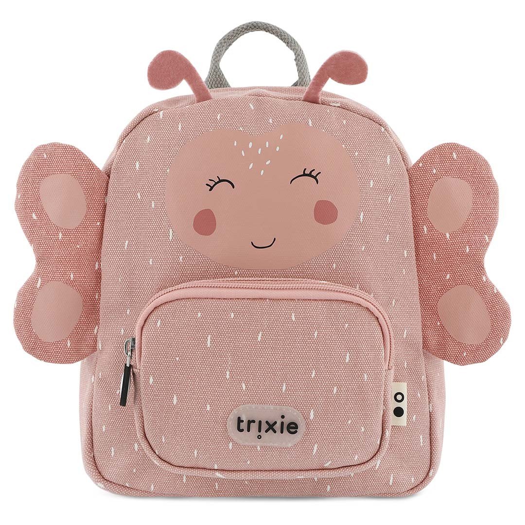 1. Pink children's backpack with butterfly design and smiling face, featuring Trixie logo on front pocket
