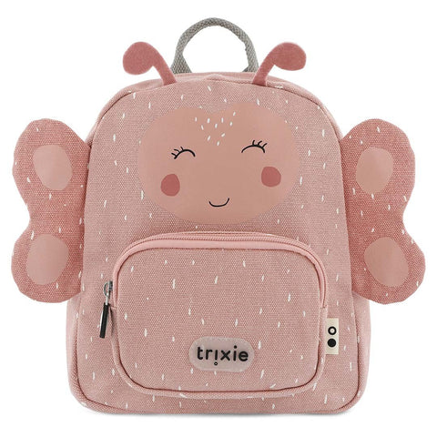 1. Pink children's backpack with butterfly design and smiling face, featuring Trixie logo on front pocket