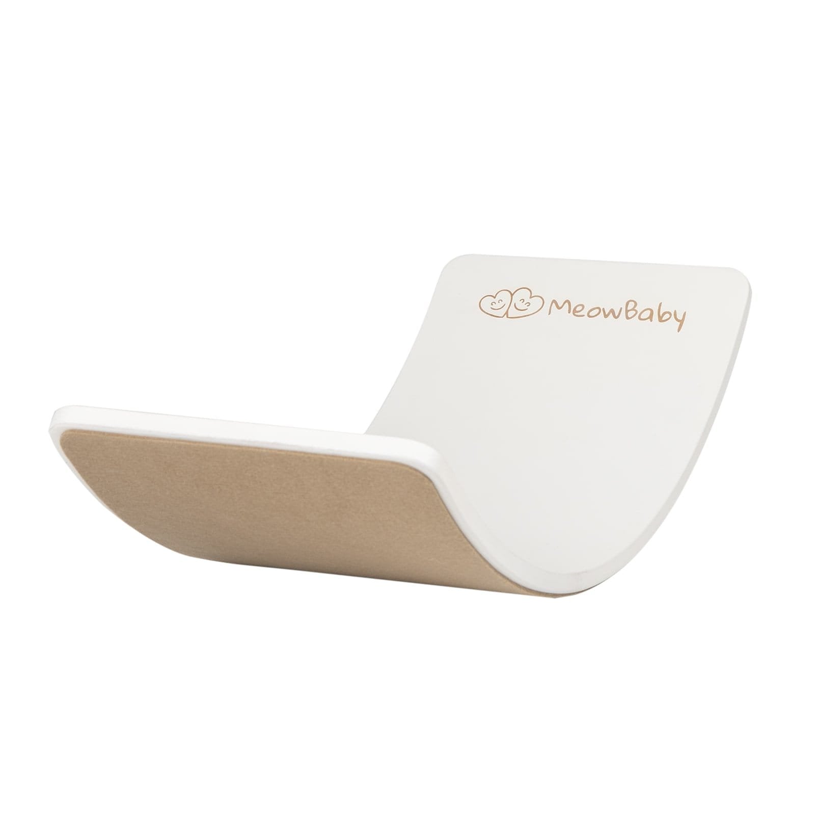 2. White balance board with beige felt underside, featuring MeowBaby logo, shown in studio setting