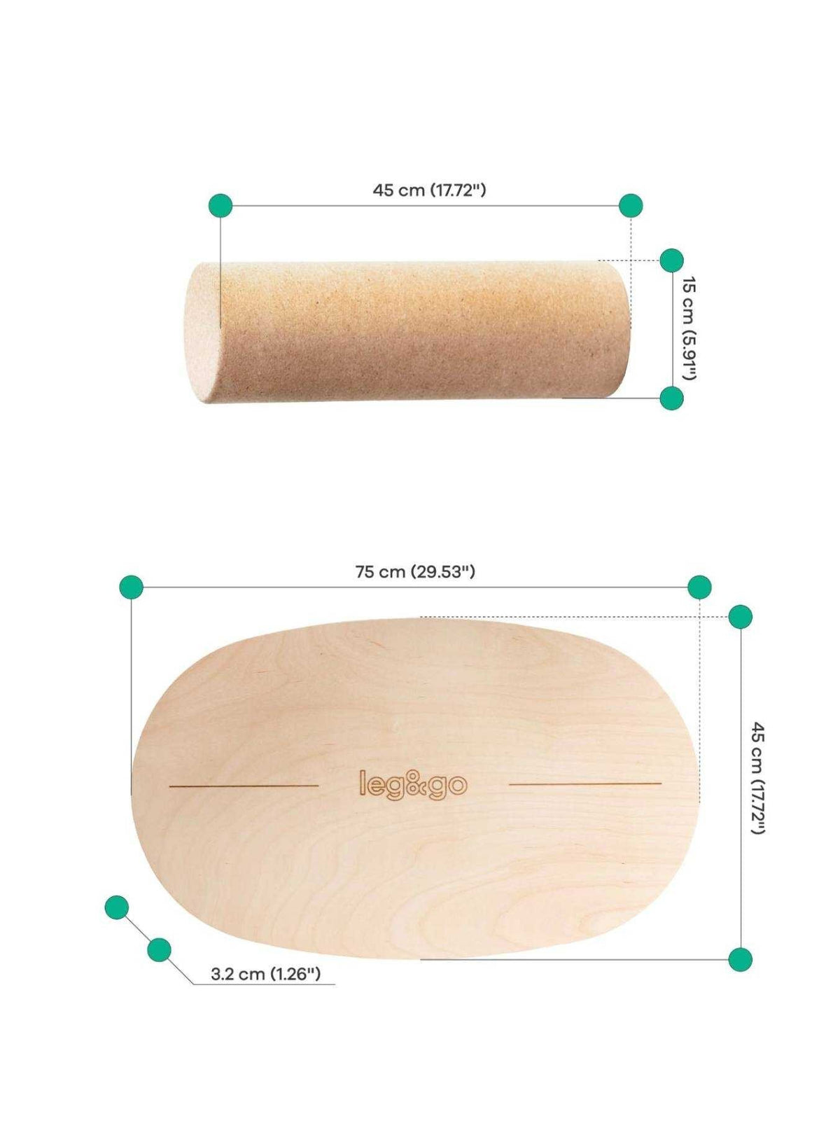 5. Size chart for balance board and roller showing dimensions in centimeters