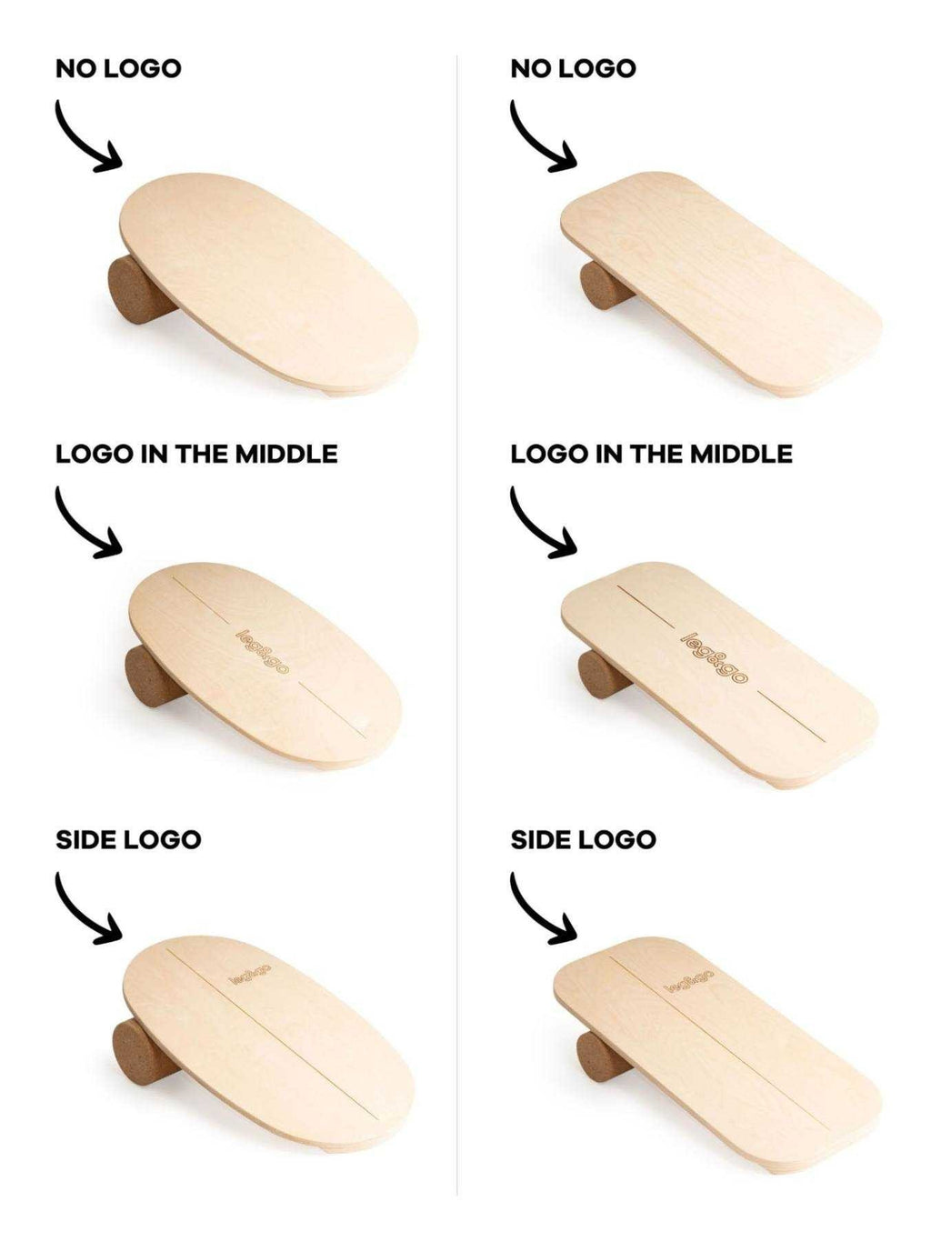 4. Flat lay comparison of leg&go balance boards with different logo placements on white background