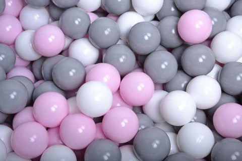 2. Close-up of MeowBaby ball pit balls in gray, pastel pink, and white, showcasing shiny, flexible, non-toxic plastic suitable for children's play and sensory integration therapy.