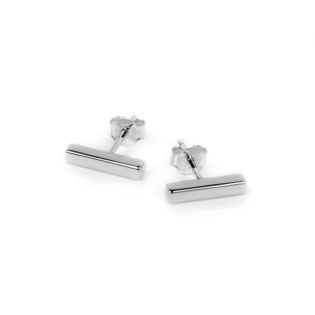 1. Pair of MyaMoon silver bar earrings with rhodium plating on white background, showcasing minimalist design
