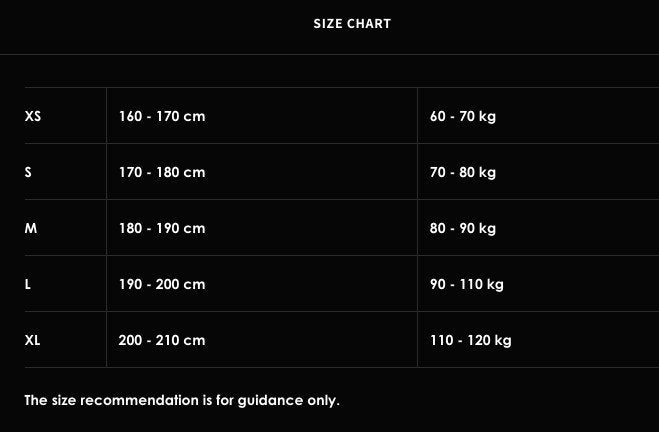 5. Size chart for men's hoodies showing height and weight recommendations for sizes XS to XL