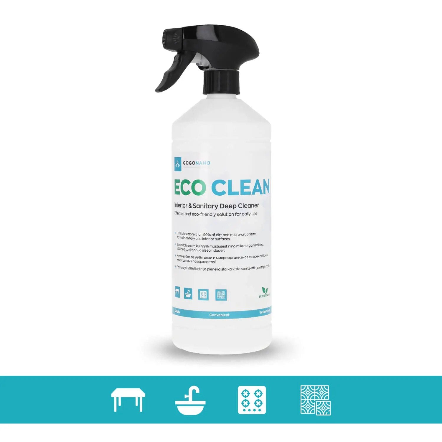2. GoGoNano EcoClean 1L bottle with black spray nozzle on white background, featuring eco-friendly labels and icons for interior and sanitary cleaning