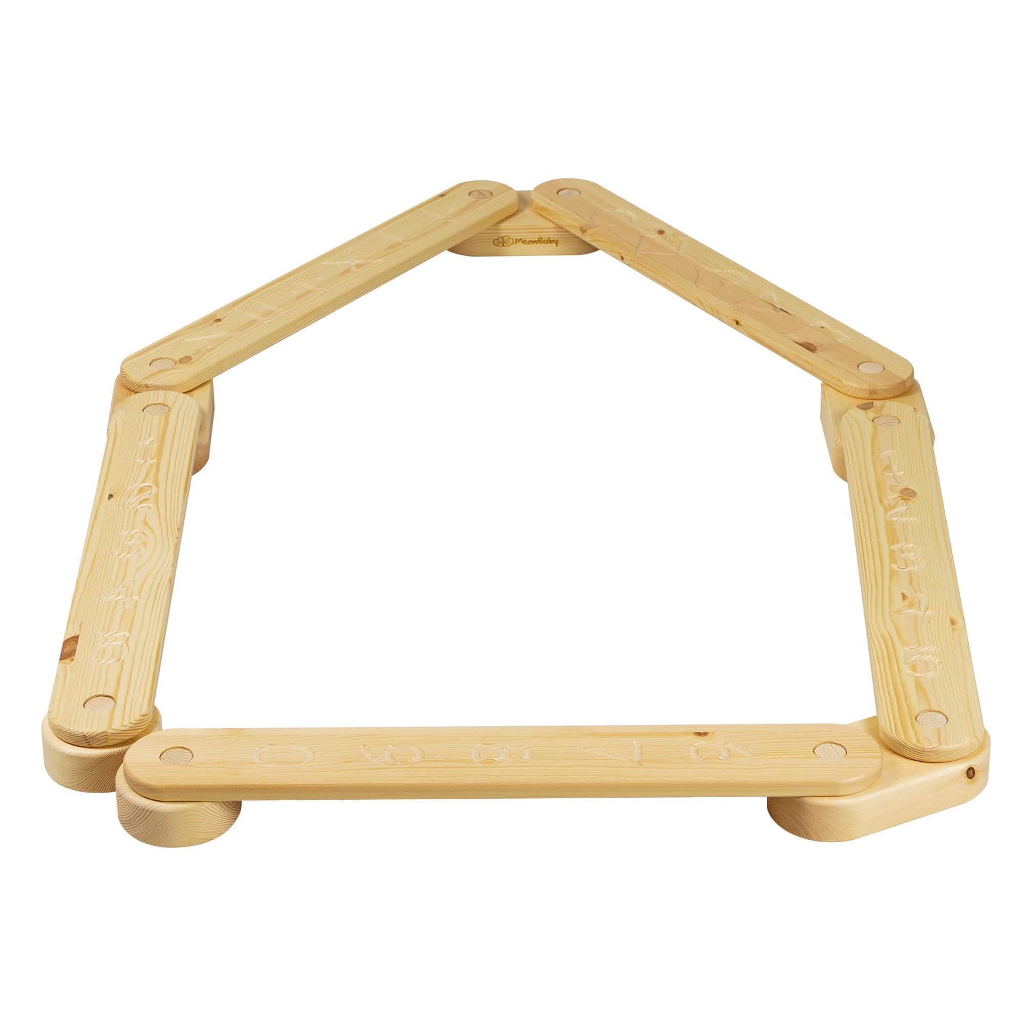 6. Wooden balance beam with natural wood finish featuring engraved numbers and shapes, arranged in a pentagon shape