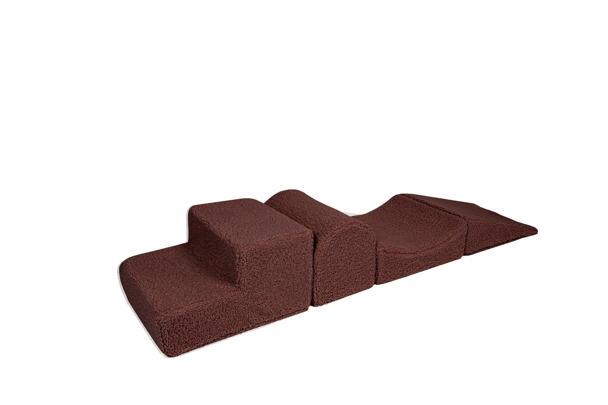 2. Brown corduroy children's playset with four modular elements on a white background, designed for creative play and development, featuring removable and washable covers.