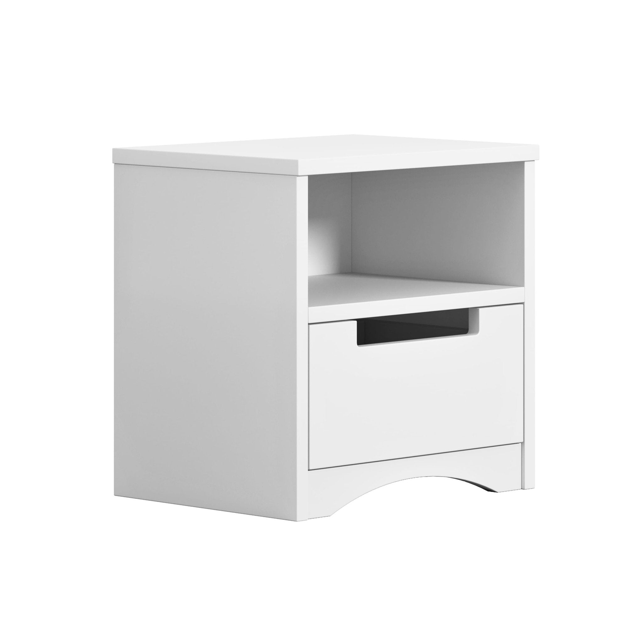 3. White bedside table with open shelf and closed drawer, angled view on a plain background