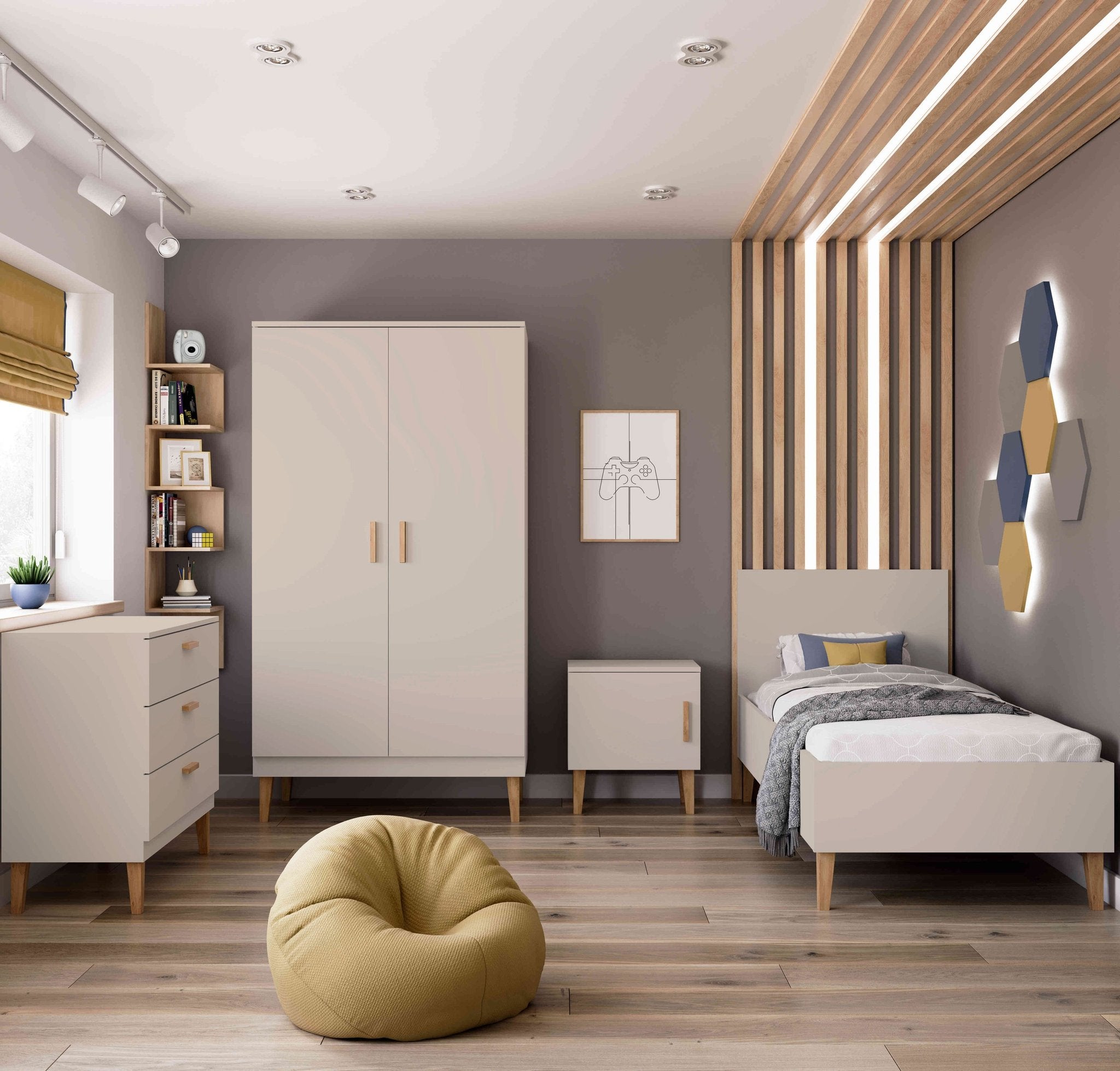 1. Kubi cashmere bedside table in a modern children's room with matching furniture