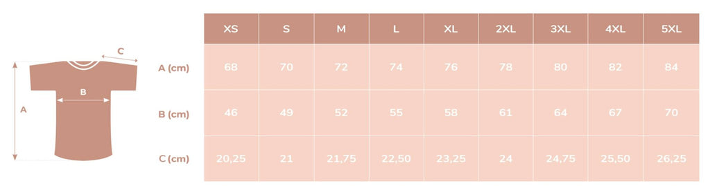 9. Size chart for unisex embroidered collar organic cotton t-shirt, showing XS–5XL in cm