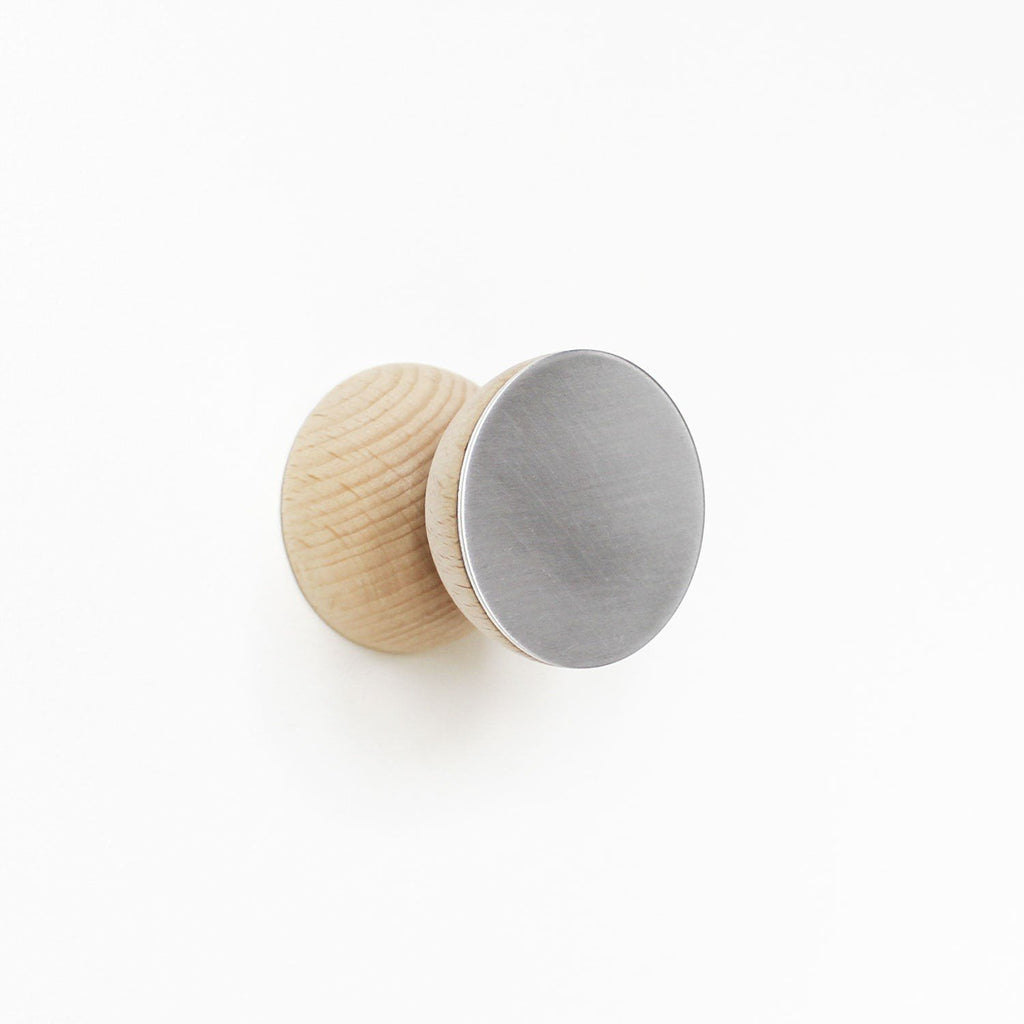 3. Close-up of 5mm Paper Beech Wood & Aluminium Wall Hook, highlighting brushed aluminium front