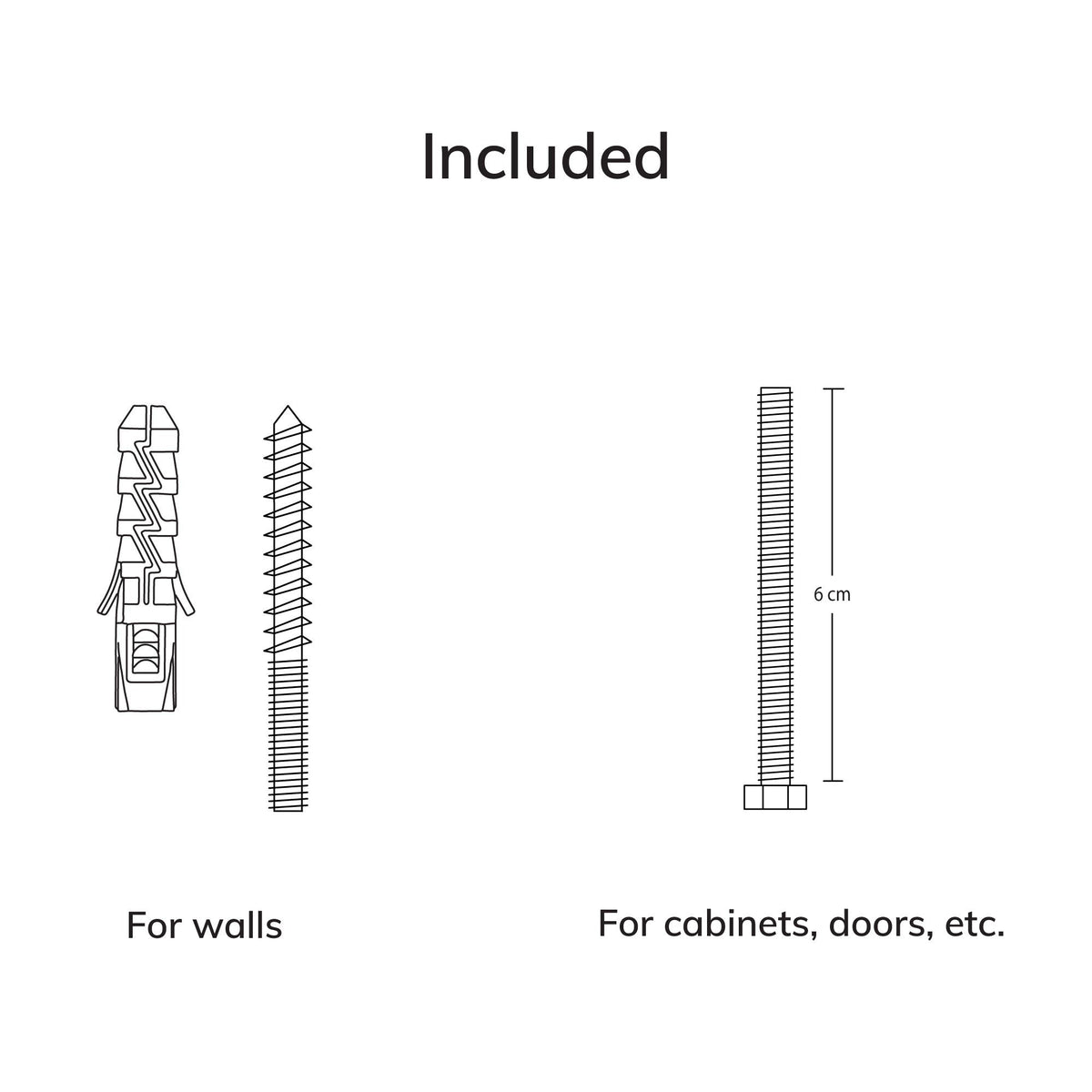 3. Installation guide for 5mm Paper wall hook, showing included screws for walls and cabinets with measurements