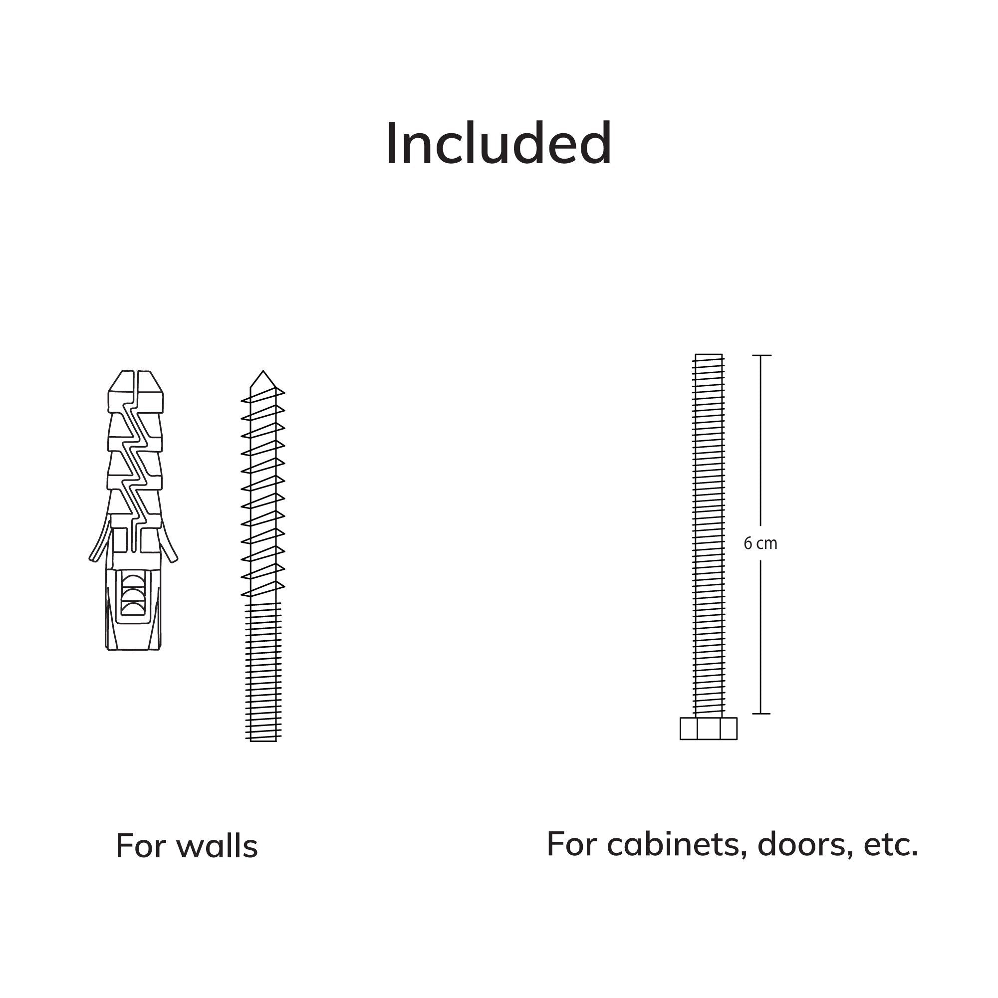 3. Installation guide for 5mm Paper wall hook, showing included screws for walls and cabinets with measurements